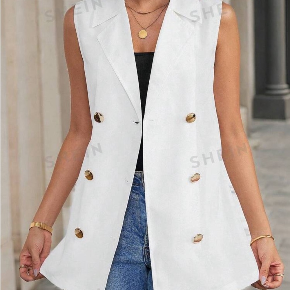 SHEIN Classy Elegant White Sleeveless Women's Trench Coat With Waist Belt Size S